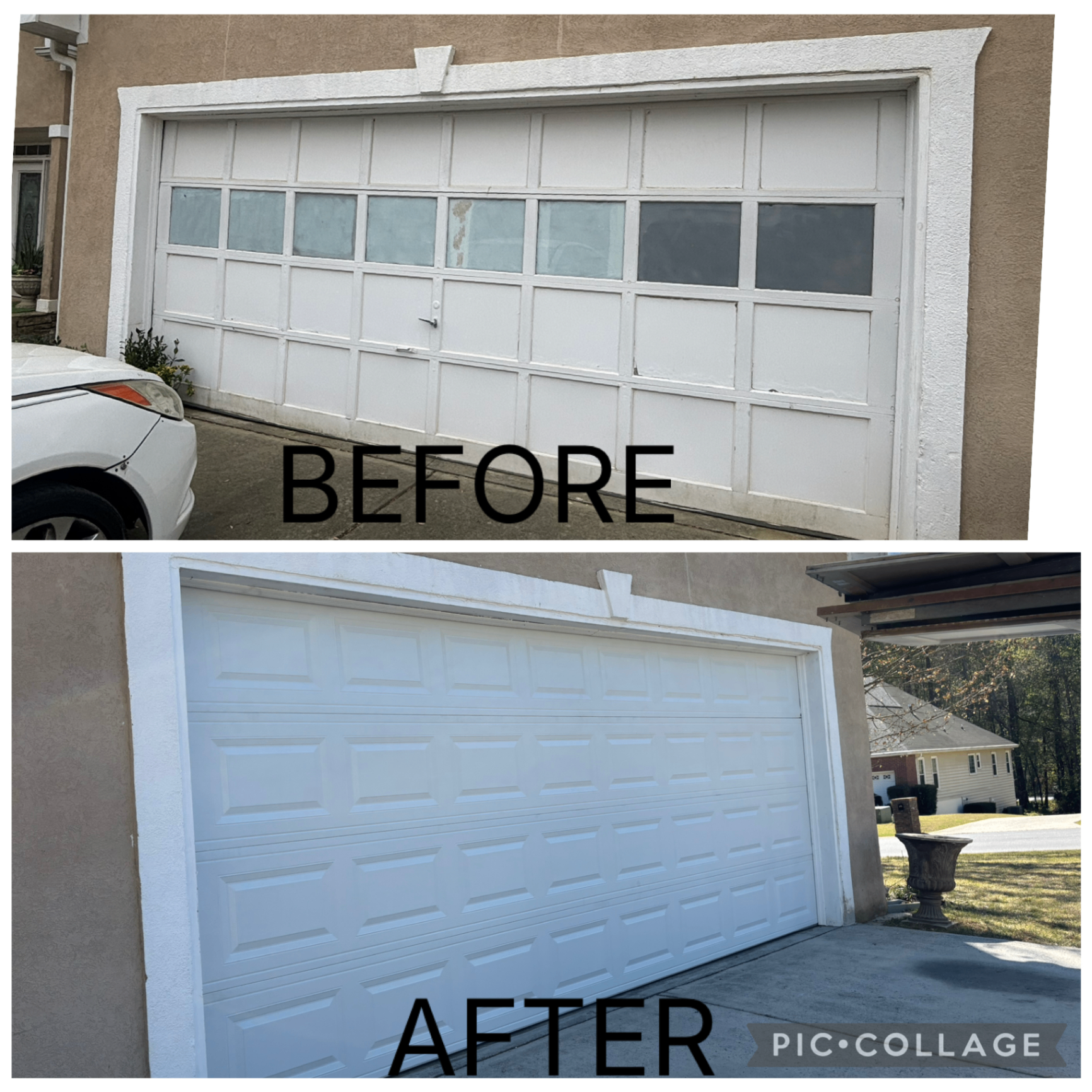 Before and after — full garage door replacement by Xecutive Garage Door